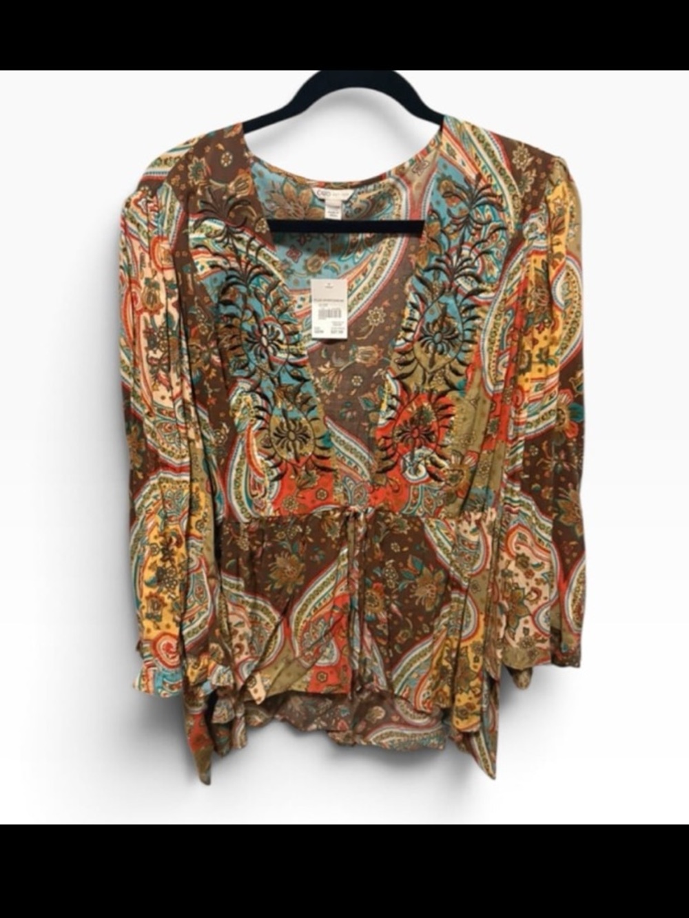 Cato Y2K Patchwork Women's Brown Paisley V-Neck Tie-Front Top